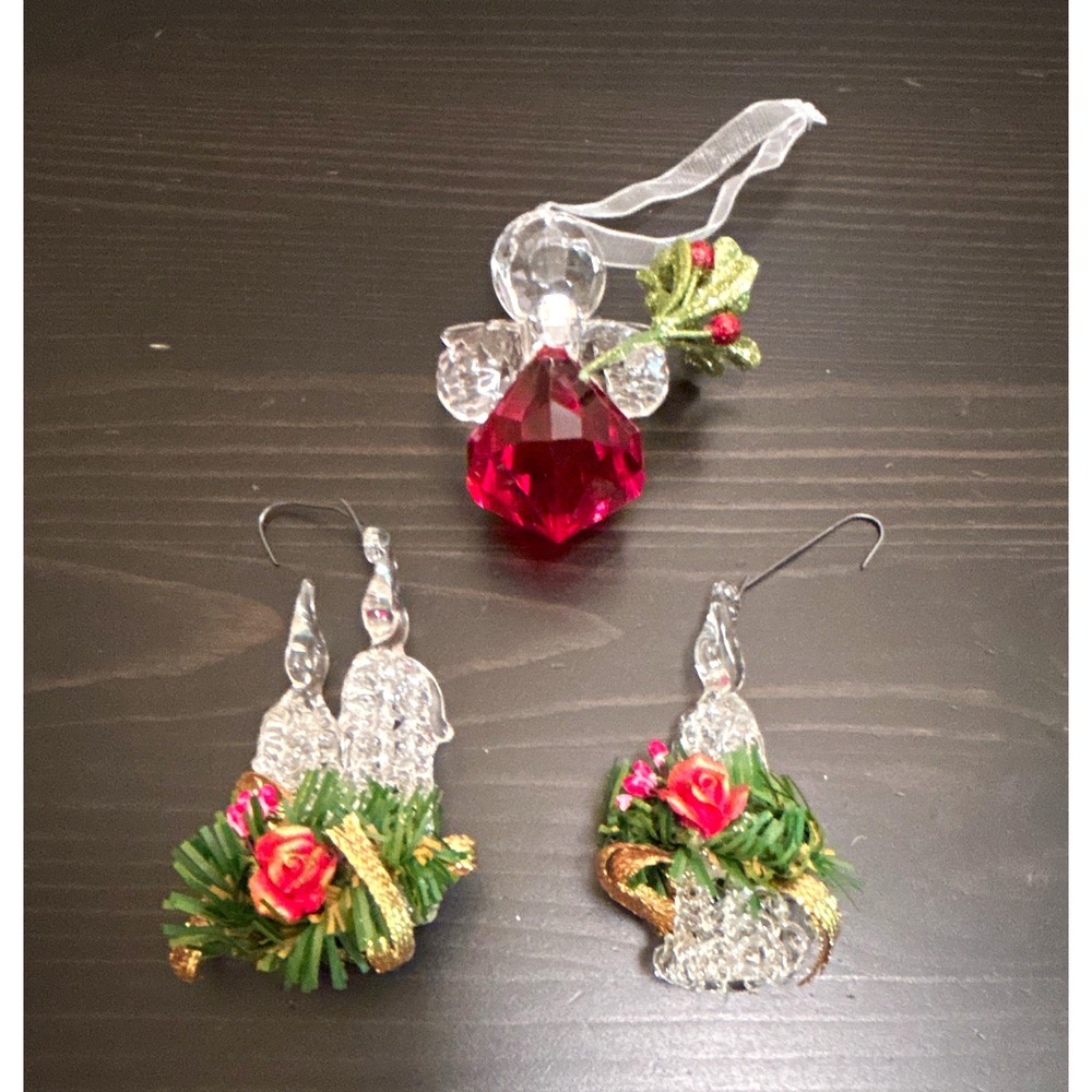 3pc Angel Christmas Hanging Ornaments Glass Plastic Clear Red Holiday Decor
